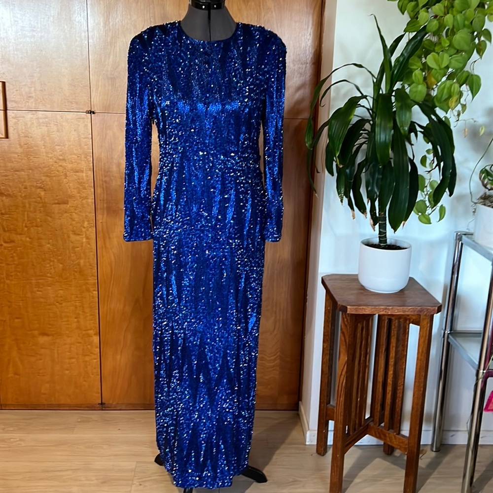 Vintage Royal Blue beaded 80s long sleeve gown.